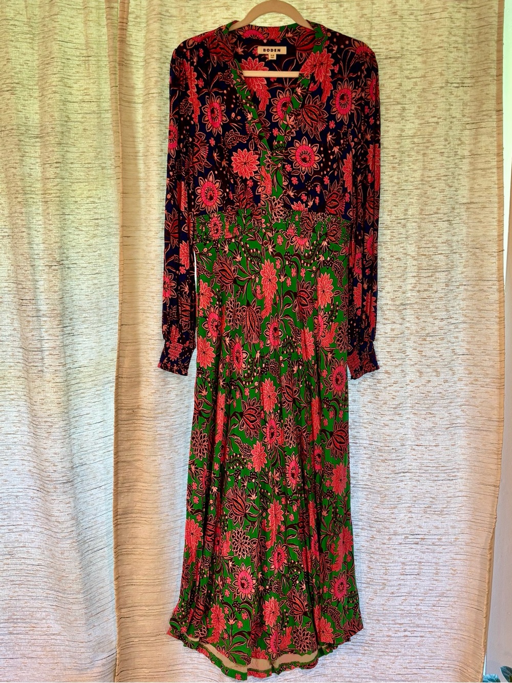 Boden Ivy Smocked Midi Dress, Rich Emerald, Ornate Bud
